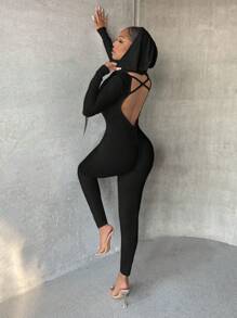 SHEIN SXY 素色交叉露背連帽彈力緊身連體褲 - 黑色 - 查看 1
