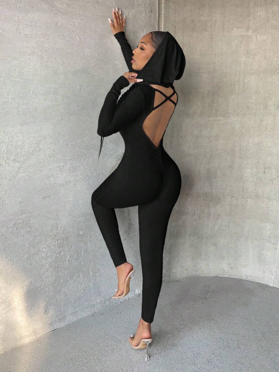 SHEIN SXY 素色交叉露背連帽彈力緊身連體褲 - 黑色 - 查看 1