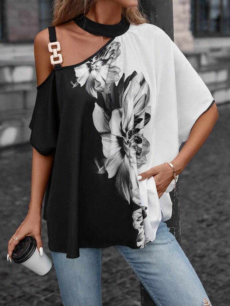 Floral Print Asymmetrical Neck Batwing Sleeve Blouse