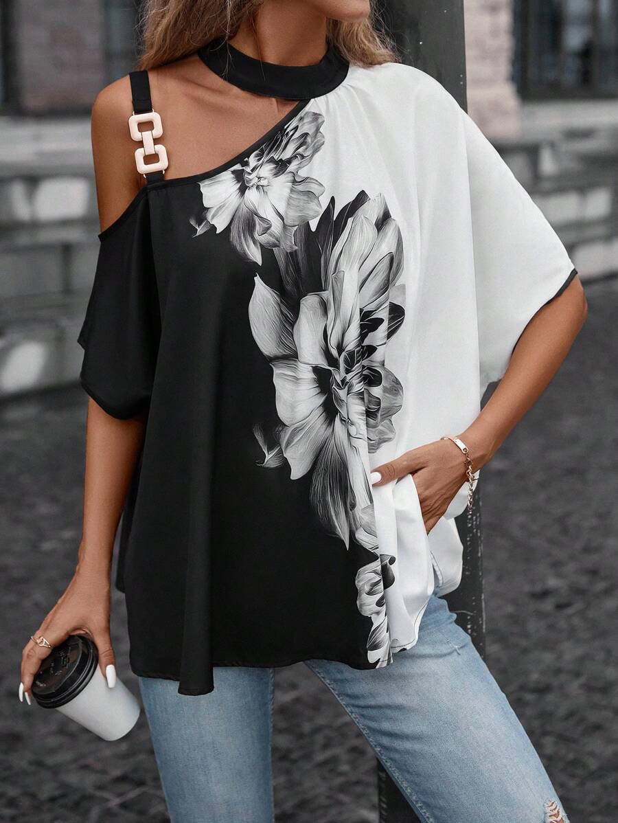 SHEIN LUNE Blouse Imprimé Floral À Col Asymétrique Manches Chauve-Souris