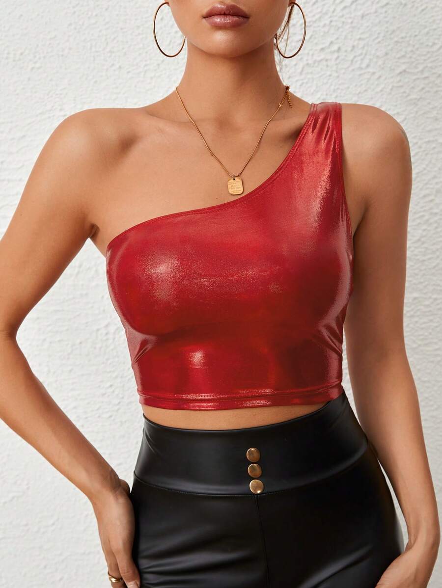 SHEIN Privé 單肩短款上衣 - 紅色 - 查看 1