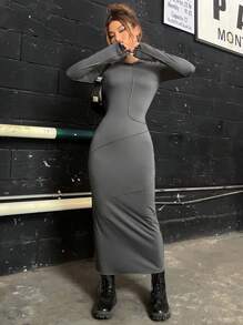 SHEIN EZwear Vestido ajustado con puntada con capucha - Gris - Ver 5