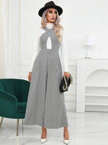 SHEIN Privé Gingham Print Wide Leg Jumpsuit Without Tee - Black and White - View 5