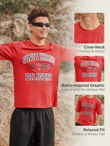 Camiseta deportiva básica con gráfico de letra para hombre, camiseta deportiva, camiseta roja para hombre, camiseta deportiva - Rojo - Ver 2