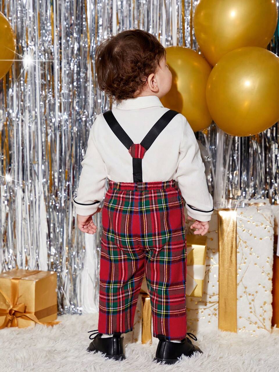 Baby Boy Tartan Print Bow Front Shirt & Suspender Pants, For Christmas Autumn Winter Clothes FGirlmen