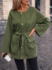 SHEIN LUNE Women Coats Kantong Tombol Depan Plain Casual - Hijau Tentara - View 3