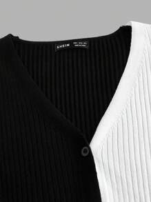 SHEIN BASICS Two Tone Ribbed Knit Crop Cardigan - Black and White - View 7