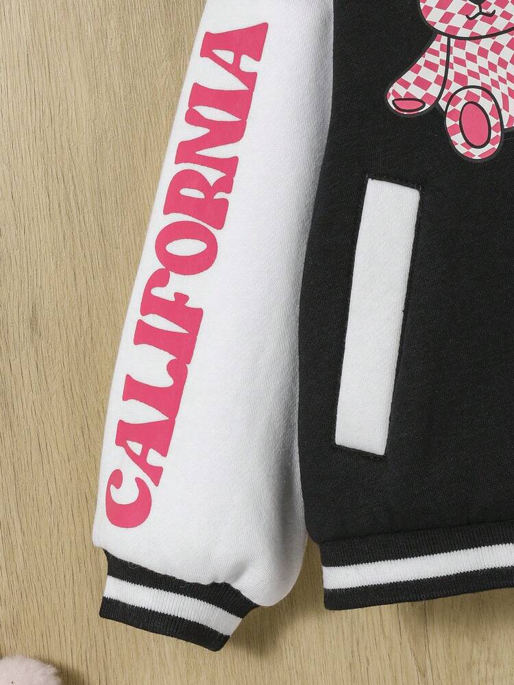 Baby Girl Letter & Bear Print Striped Trim Varsity Jacket Without Tee