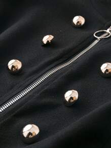 SHEIN LUNE 大碼雙排釦拉鏈開襟荷葉邊下擺外套 - 黑色 - 查看 3