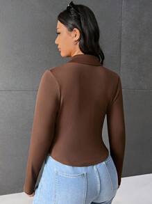 SHEIN EZwear Plus Ruched Button Front Tee - Chocolate Brown - View 4