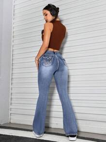 SHEIN PETITE Mid Waist Flare Leg Jeans - Medium Wash - View 2