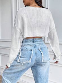 SHEIN Unity Áo len crop tay dài vai rớt, áo len dệt kim mùa thu đông. - trắng - Xem 2