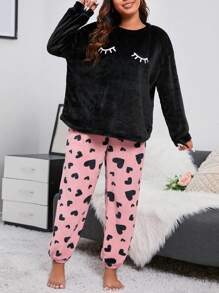 Conjunto de sudadera con cuello redondo de felpa gruesa bordada y pantalón de pijama con estampado de corazón de talla grande