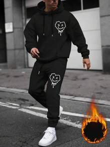 Manfinity EMRG 男士卡通圖案抽繩連帽衫和運動褲 - 黑色 - 查看 3