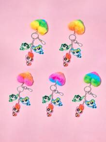 THE POWERPUFF GIRLS X SHEIN Cartoon Character Heart Shape Plush Keychain - Multicolor - View 3
