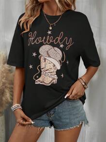 SHEIN LUNE 字母和帽子印花落肩 T 恤 图案 T 恤 女士上衣 - 黑色 - 查看 5