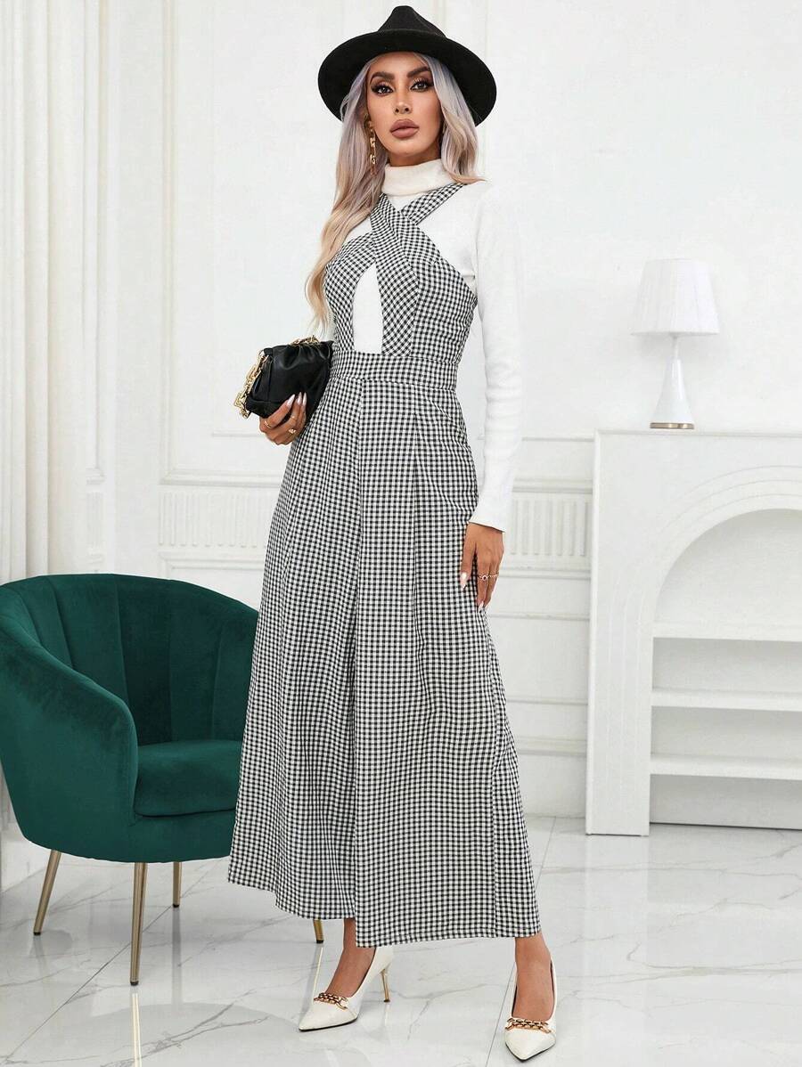 SHEIN Privé Gingham Print Wide Leg Jumpsuit Without Tee - Black and White - View 1