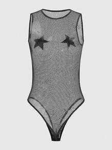 ROMWE Grunge Punk Star Print Fishnet Teddy Bodysuit Lingerie - Black - View 2