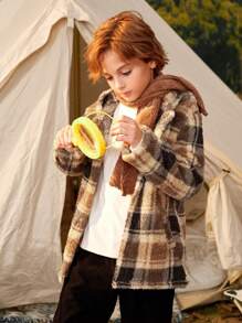 SHEIN Tween Boy Plaid Pattern Button Front Hooded Teddy Coat & Scarf - Multicolor - View 4