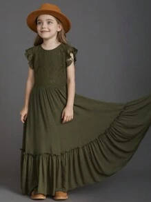 Vestido sin cinturón para niña preadolescente con mangas acampanadas, dobladillo de volantes y encaje Guipure calado elegante - Verde Oliva - Ver 4