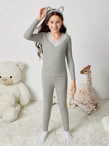 Tween Girl Lace-fitted Warm Underwear Set - Light Grey - View 6