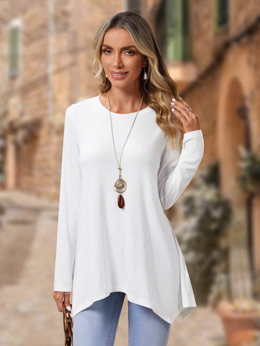 EMERY ROSE Solid Asymmetrical Hem Tee - White - View 1