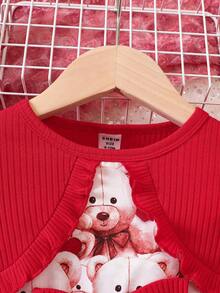 SHEIN Baby Girl Bear Print Bow Front 2 In 1 Dress - Multicolor - View 5