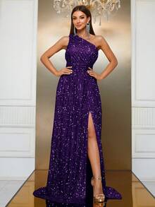YISIKADO Women Sequin Formal Evening Dress Ball Gown Sleeveless Asymmetrical Neck Split Thigh Elegant Long Dress Prom Party Wedding Guest Graduation Banquet Dinner - Purple - View 3