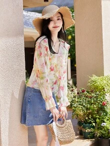 Floral Print Ruffle Trim Blouse - Multicolor - View 4