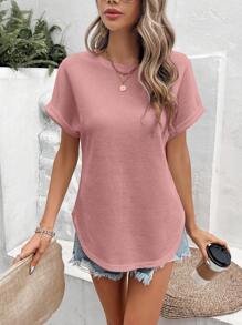 SHEIN Frenchy Women Summer Solid Color Round Neck Batwing Sleeve Casual T-Shirt Women T Shirt - Pink - View 1