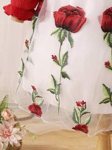 Baby Girl Bow Front Flounce Sleeve Jacket & Floral Embroidery Mesh Overlay Dress