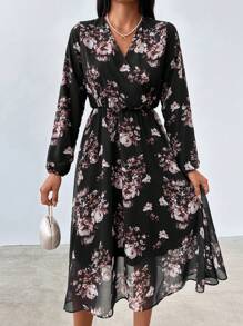 RueChic Floral Print Lantern Sleeve Dress - Black - View 4