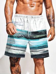 Surfspeed Men Plus Striped Graphic Print Drawstring Waist Swim Trunks Pool Shorts, For Beach, Vacation,Hawaiian - Multicolor - View 1