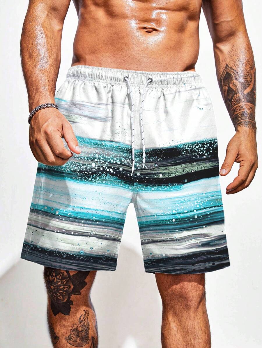Surfspeed Men Plus Striped Graphic Print Drawstring Waist Swim Trunks Pool Shorts, For Beach, Vacation,Hawaiian - Multicolor - View 1
