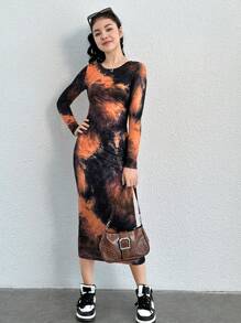 SHEIN 少女扎染针织圆领长袖修身长裙