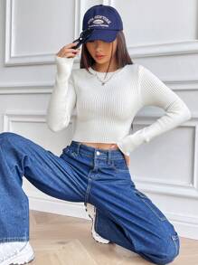 Flirla Solid Ribbed Knit Crop Sweater