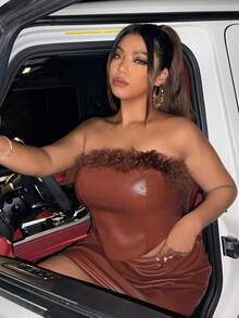 SHEIN Coolane Plus Fuzzy Trim PU Leather Tube Top - Rust Brown - View 6