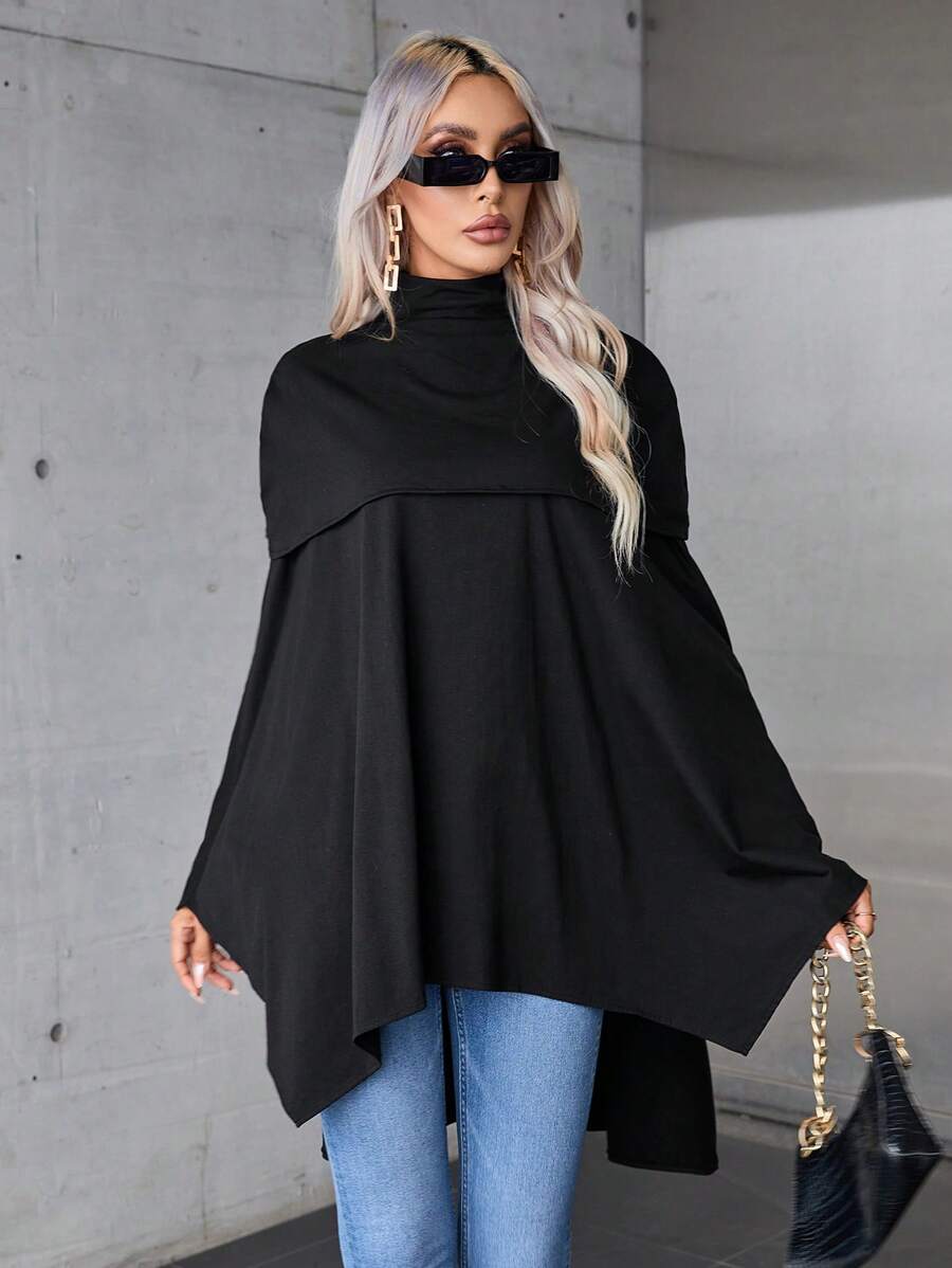 SHEIN Privé Cổ giả áo tay cánh Hem cao thấp Áo thun - màu đen - Xem 1