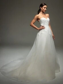 Off Shoulder Detachable Lantern Sleeve Mesh Wedding Dress - Beige - View 4