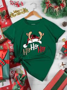 INAWLY Christmas Print Tee Graphic Tees Women Tops - Dark Green - View 1