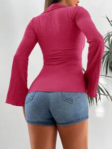 EURMUSE Solid Button Front Shirt - Hot Pink - View 2