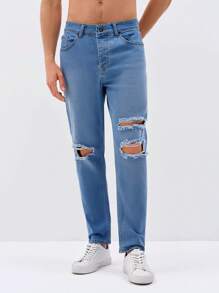 RueChic Men Ripped Straight Leg Jeans - Light Wash - View 3