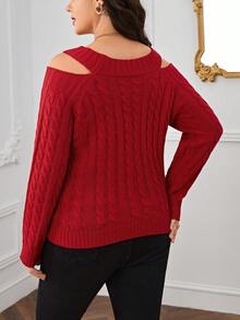 SHEIN Essnce Talla grande Jersey de hombros descubiertos tejido de cable - Rojo - Ver 2