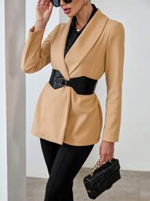 SHEIN Privé Abrigo de cuello esmoquin con parte delantera abierta con cinturón - Caqui - Ver 1