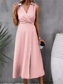 SHEIN Clasi 素色前紐扣高衩洋裝 - 粉色 - 查看 4