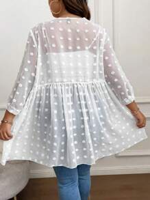 SHEIN Clasi Talla grande Abrigo de lunares con parte delantera abierta transparente de gasa - Blanco - Ver 2