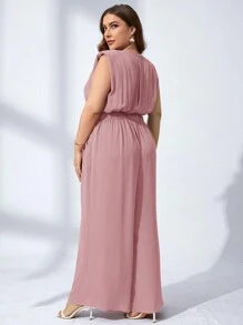 SHEIN Clasi Plus Solid Shoulder Padded Wide Leg Jumpsuit - Dusty Pink - View 2