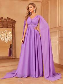Faeriesty Extra-long Sleeve Ruched Chiffon Bridesmaid Dress - Purple - View 7