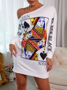 Playing Card Print Asymmetrical Neck Drop Shoulder Sweatshirt Dress - White - View 3