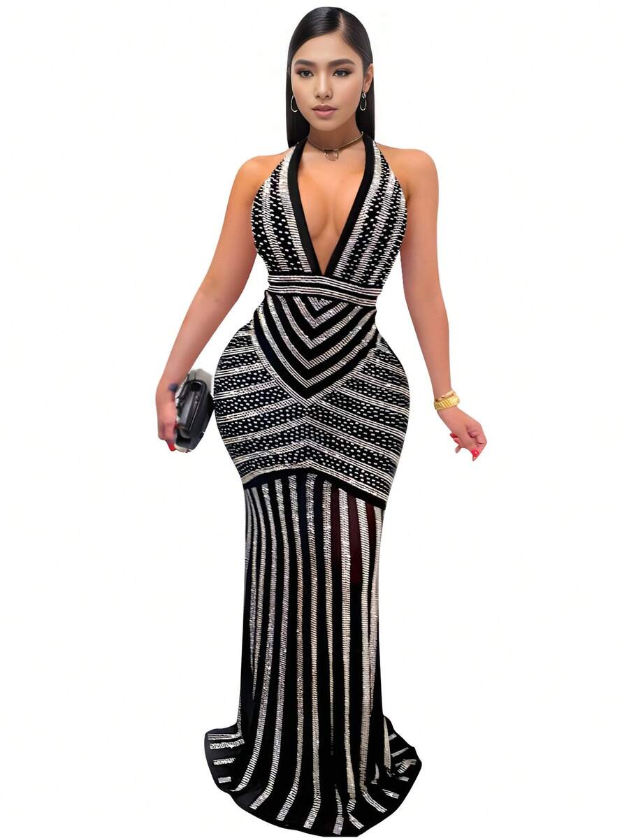 Vestido de vestir de cuello profundo de espalda abierta con diamante de imitación - Negro - Ver 1